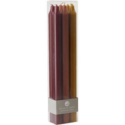 Tapers Autumn Harvest by Tapers Autumn Harvest SIX TAPERS, EACH 12 INCHES LONG. COLORS ARE BORDEAUX, TERRA COTTA & CARAMEL. TAPERS ARE FRAGRANCE FREE, SMOKELESS & DRIPLESS AND BURN APPROX. 12 HRS for UNISEX