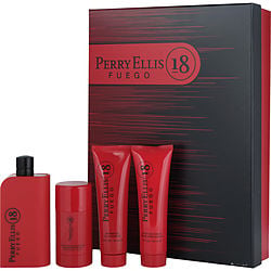 Perry Ellis 18 Fuego by Perry Ellis EDT SPRAY 3.4 OZ &amp; AFTERSHAVE BALM 3 OZ &amp; DEODORANT STICK 2.75 OZ &amp; SHOWER GEL 3 OZ for MEN