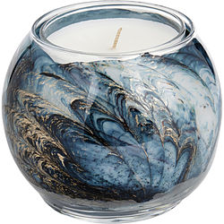 JUNIPER MINT CANDLE GLOBE THE INSIDE OF THIS 4 in POLISHED GLOBE IS PAINTED WITH WAX TO CREATE SWIRLS OF GOLD AND RICH HUES AND COMES IN A SATIN COVERED GIFT BOX. CANDLE IS FILLED WITH A TRANSLUCENT WAX AND SCENTED WITH MYSTERIA. BURNS APPROX. 50 HRS