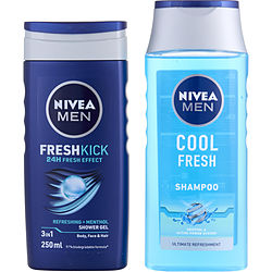 Nivea by Men Fresh Kick Cool Duo: Shower Gel 8.4 OZ + Cool Fresh Shampoo 8.4 OZ for MEN