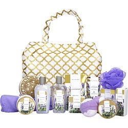 Image of Spa Luxetique by Spa Luxetique Lavender Fashion Bath Tote: Shower Gel + Bubble Bath + Bath Salt + Body Scrub + Hand Cream + Body Lotion + Massage Oil + Shampoo Bar + Soap + 2x Bath Bombs + Bath Loofah + Body Brush + Hair Drying Towel + Tote Bag -13pcs +