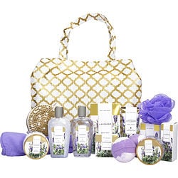 Spa Luxetique by Spa Luxetique Lavender Fashion Bath Tote: Shower Gel + Bubble Bath + Bath Salt + Body Scrub + Hand Cream + Body Lotion + Massage Oil + Shampoo Bar + Soap + 2x Bath Bombs + Bath Loofah + Body Brush + Hair Drying Towel + Tote Bag -13pcs +