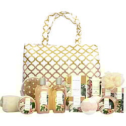 Image of Spa Luxetique by Spa Luxetique Vanilla Fashion Bath Tote: Shower Gel + Bubble Bath + Bath Salt + Body Scrub + Hand Cream + Body Lotion + Massage Oil + Shampoo Bar + Soap + 2x Bath Bombs + Bath Loofah + Body Brush + Hair Drying Towel + Tote Bag -13pcs + B