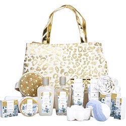 Image of Spa Luxetique by Spa Luxetique White Jasmine Fashion Bath Tote: Shower Gel + Bubble Bath + Bath Salt + Body Butter + Hand Cream + Body Lotion + Essential Oil + Shampoo Bar + 2x Bath Bombs + Hair Towel + Body Brush + Sponge + Soap Petals + Tote -13pcs + B