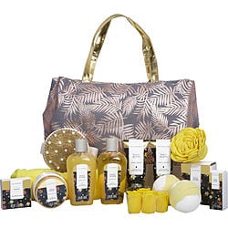 Image of Spa Luxetique by Spa Luxetique Tahiti Island Fashion Bath Tote: Shower Gel + Bubble Bath + Bath Salt + Body Butter + Hand Cream + Body Lotion + Essential Oil + Shampoo Bar + 2x Bath Bombs + Hair Towel + Body Brush + Sponge + Soap Petals + Tote -13pcs + B