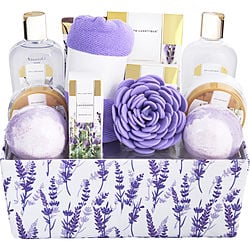 Image of Spa Luxetique by Spa Luxetique Lavender Bath & Shower Basket: Shower Gel + Bubble Bath + Body Lotion + Hand Cream + Massage Oil + Bath Salt + Body Scrub + Soap + 2x Bath Bombs + Bath Loofah + Hair Drying Towel + Handmade Box -10pcs + Box for WOMEN