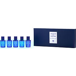 Acqua Di Parma Blue Mediterraneo Variety by Acqua di Parma 5 PIECE VARIETY WITH ARANCIA DI CAPRI & BERGAMOTTO DI CALABRIA & FICO DI AMALFI & MIRTO DI PANAREA & MANDORLO DI SICILIA AND ALL ARE EDT 0.17 OZ MINI for UNISEX