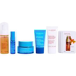 Clarins by Clarins Blue Bag Hydra Essential Set: Ha2 Cream 50ml + Hydra Mask 15ml + Bi-Serum Trial 10ml + Gentle Renewing Cleansing Mousse 50ml+ Baume Corps Super Hydratant 30ml + Double Serum Samples 7*0.03OZ+ Bag -5pcs+Bag for WOMEN 488620