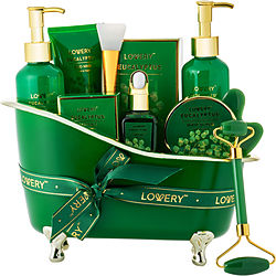 Lovery Eucalyptus by Lovery SHOWER GEL 5 OZ & BUBBLE BATH 5 OZ BATH SALT 3.5 OZ & BODY SCRUB 1.69 OZ & MUD MASK 3.38 OZ & BODY OIL 1 OZ & BATH BOMBS 6X 0.5 OZ & FACE ROLLER & FACE BRUSH & GUA SHA STONE & GREEN TUB & GIFT NOTE for UNISEX 501433