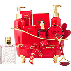 Lovery Red Rose by Lovery EAU DE PARFUM SPRAY 2.5 OZ & SHOWER GEL 5 OZ & BUBBLE BATH 5 OZ & BODY SCRUB 1.69 OZ & BATH SALT 3.5 OZ & MUD MASK 3.38 OZ BATH OIL 1 OZ & FACE ROLLER & GUA SHA STONE & RED TUB & GIFT NOTE for UNISEX 501438