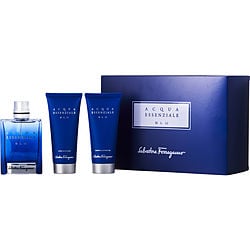 Acqua Essenziale Blu by Salvatore Ferragamo EDT SPRAY 3.4 OZ & AFTERSHAVE BALM 3.4 OZ & SHAMPOO AND SHOWER GEL 3.4 OZ for MEN