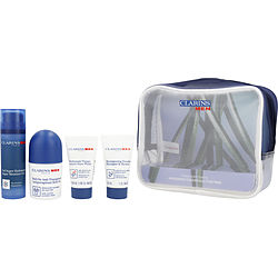 Clarins by Clarins Men Grooming Essentials Set: Super Moisture Gel 50ml + Deodorant Roll-on 50ml + Shampoo and Shower Gel 30ml + Active Face Wash 30ml -4pcs + Bag for MEN